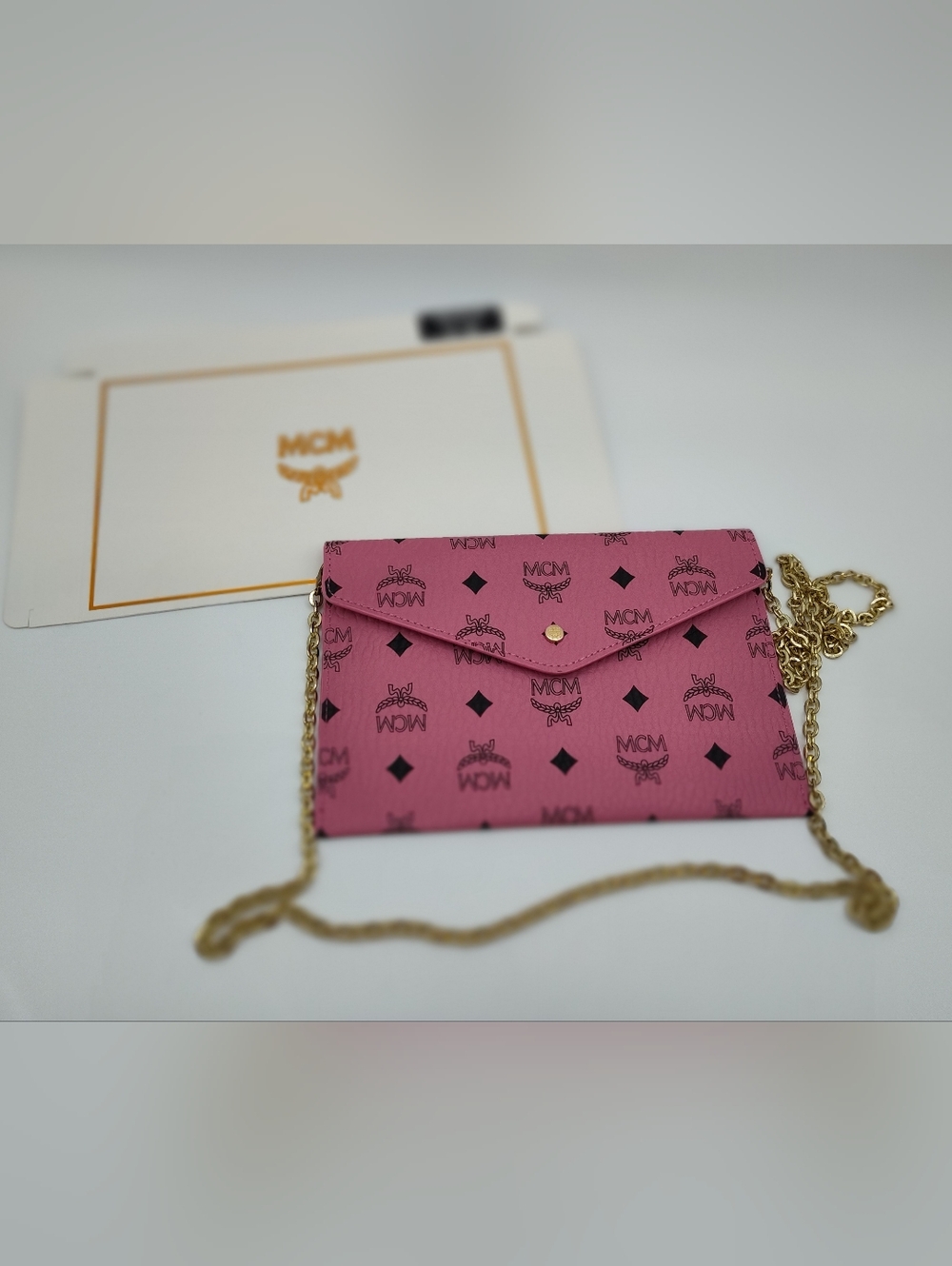 MCM Pink Visetos Envelope Chain Wallet Crossbody Clutch Beauté NIP With Insert